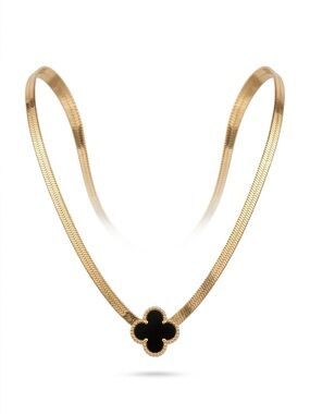Gold-tone Necklace with Black Clover Pendant - Designer Style